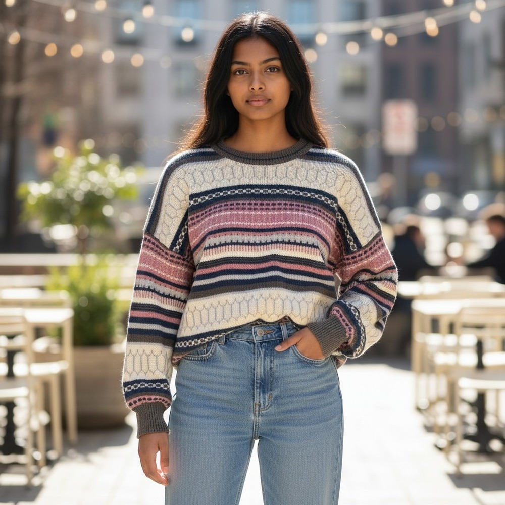 Romwe Womens Sweater XL Multicolor Balloon Sleeve Boho Striped Cottagecore Fall
